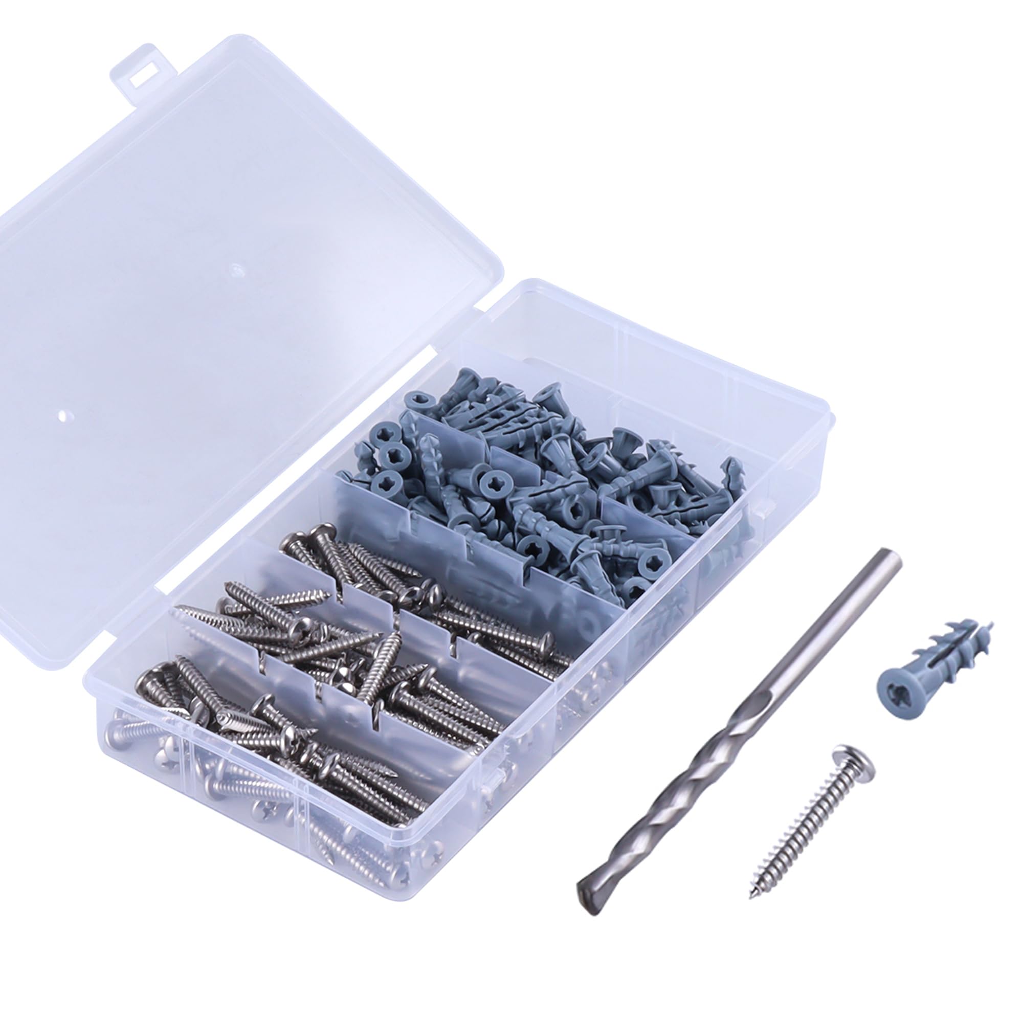 HANLATO 200Pcs Ribbed Plastic Drywall Anchor Kit, 100Pcs Concrete Wall Anchors + 100Pcs Self Tapping Screws and 1Pcs Masonry Drill Bit, Wall Anchors and Screws for Decor, Furniture, Shelving