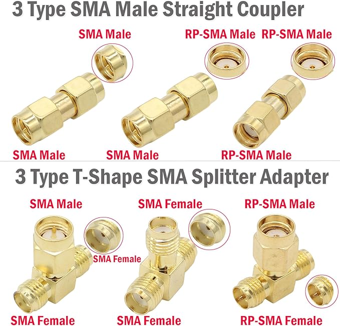 Kit de Adaptadores SMA 18 Piezas, Dorado, Compatible con Antenas FPV, Radio Ham, Router WiFi miniatura 6