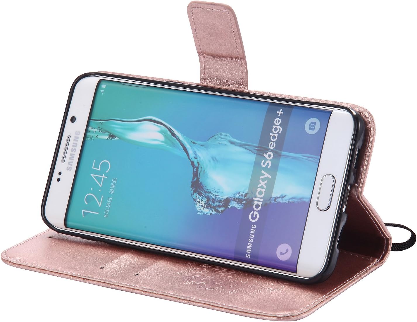 A-slim Galaxy S6 Edge Plus Wallet Case, (TM) Beauty Sun Pattern Embossed PU Leather Magnetic Flip Cover Card Holders & Hand Strap Wallet Purse Cover Case for Samsung Galaxy S6 Edge Plus - Rose Gold