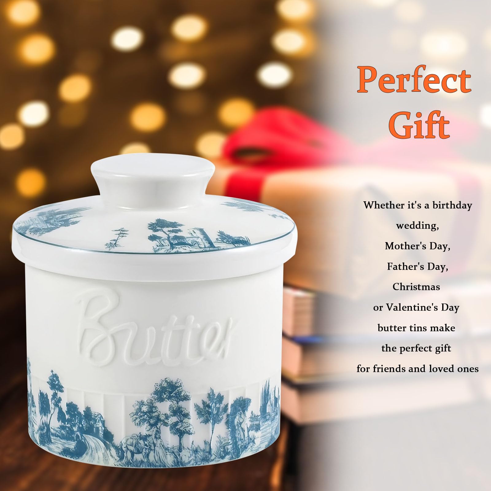 Mantequera para mostrador con agua, plato de mantequilla francés, recipiente para mantequilla, plato de mantequilla de agua, porcelana azul y blanca, 10 x 10 x 8 cm