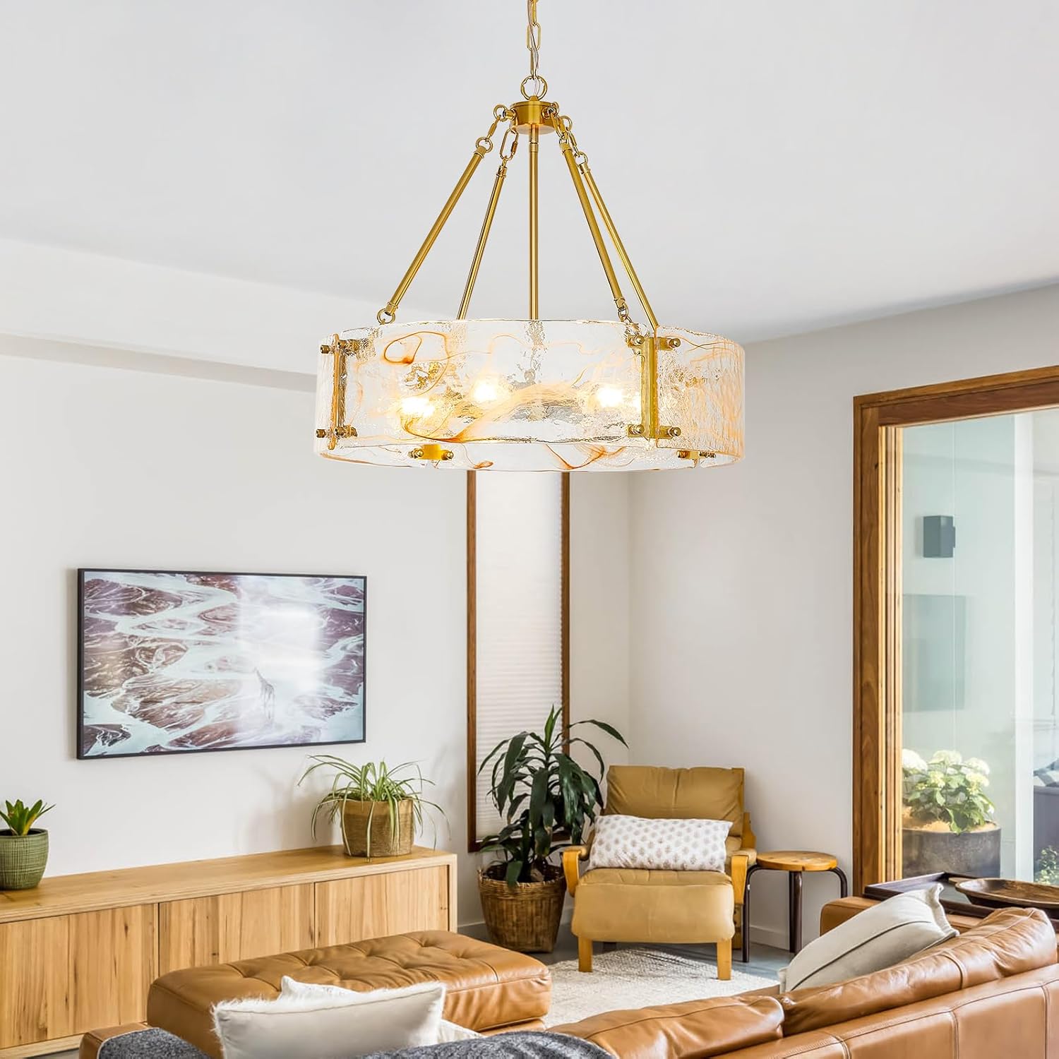 WILON Chandeliers for Dining Room, Modern Glass Pendant Light Fixtures,6-Light Foyer Kitchen Lighting Fixtures Textured Hanging Lights for Bedroom, Bathroom, Laundry Room, Entryway, Hallway (Gold)