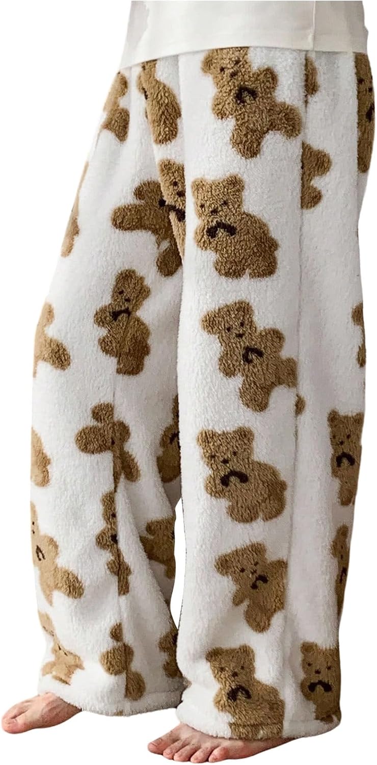 SweatyRocks Men's Bear Print Fuzzy Pajama Pants Cute Wide Leg Elastic Waist Lounge Bottoms Sleepwear