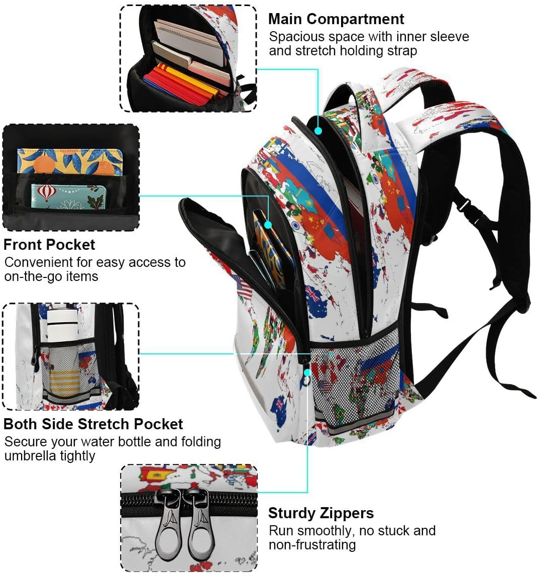 Backpack Bookbag National Flag World Map School Bag Travel Bag for Girls Boys Teen