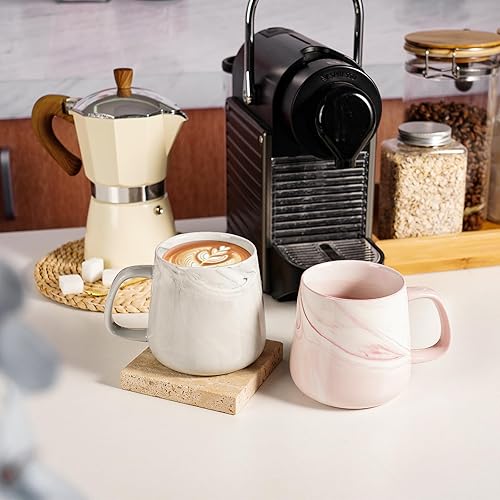 Miniatura 3 de Paquete de 2 tazas de cerámica para capuchino, 13.5 onzas, tazas de café Mr and Mrs Cappuccino, taza de café de mármol rosa y gris, taza de café con