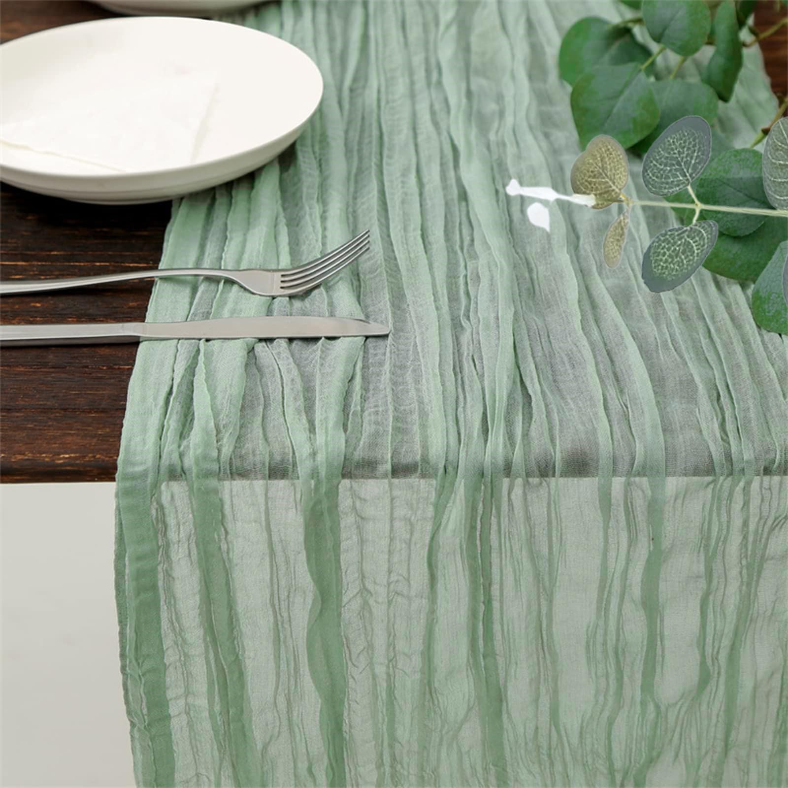 Tischläufer Eukalyptus Grün 4 Stück, mit 9 Eukalyptuszweig Deko Käsetuch Cheesecloth Musselin Salbeigrün Tischläufer Boho 90x300 cm Lang Hochzeit Geburtstag Tischdeko (Packung mit 2)