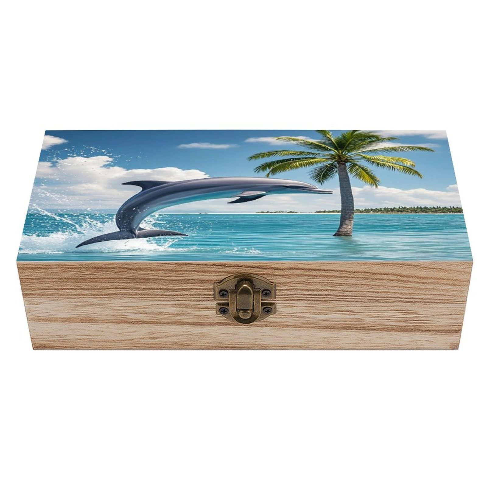 FekiLoot Dolphins And Palm Trees Wooden Storage Box Exquisite Wood Keepsake Box Vintage Wooden Gift Jewelry Case for Crafts And Photo Storage Boxes