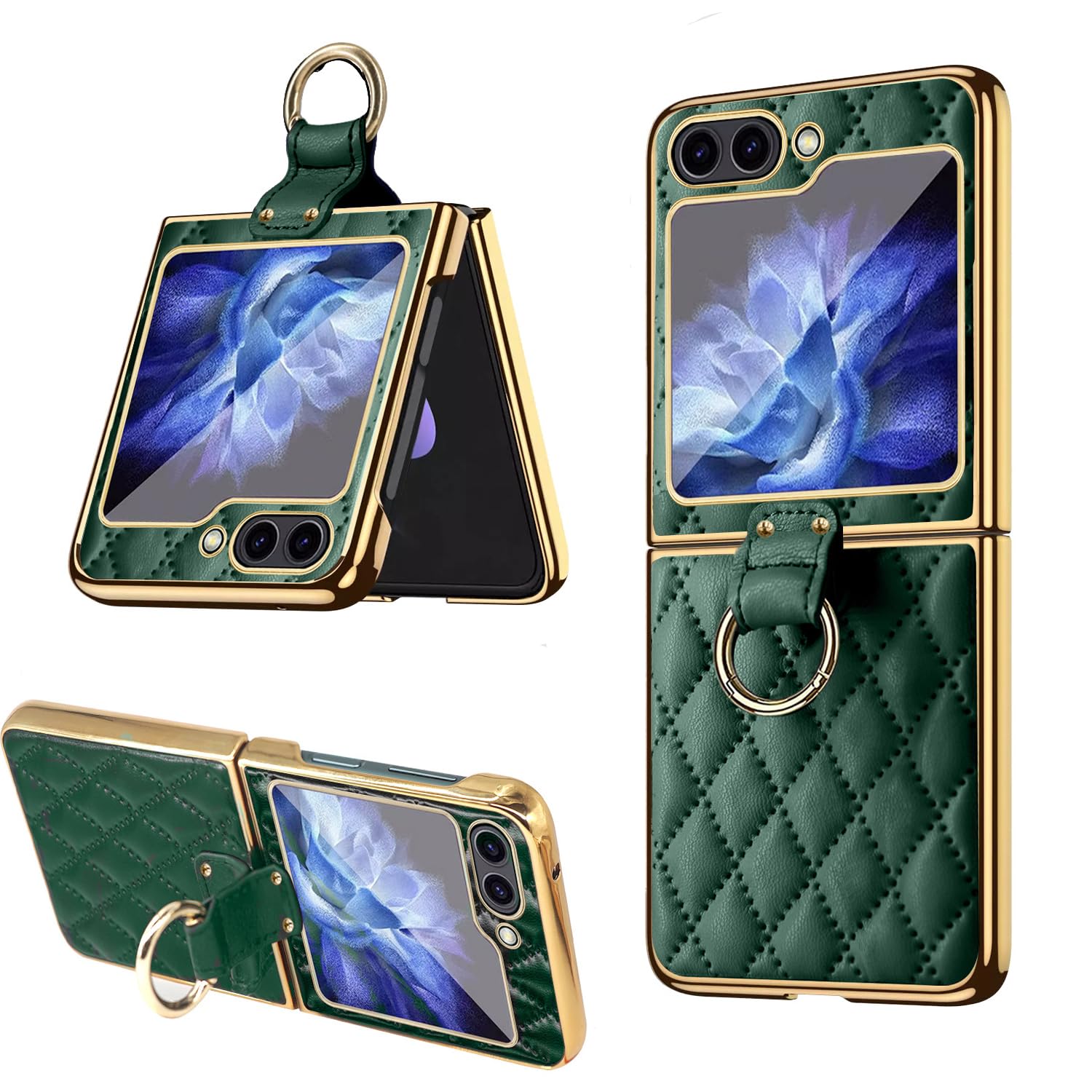 Azonee Leather Phone Case with Metal Ring Holder Stand Compatible with Galaxy Z Flip 5, , Fashion Rhombic Mobile Phone Protector Cover with Golden Frame for Sam Sung Galaxy Flip5 (Deep Green)