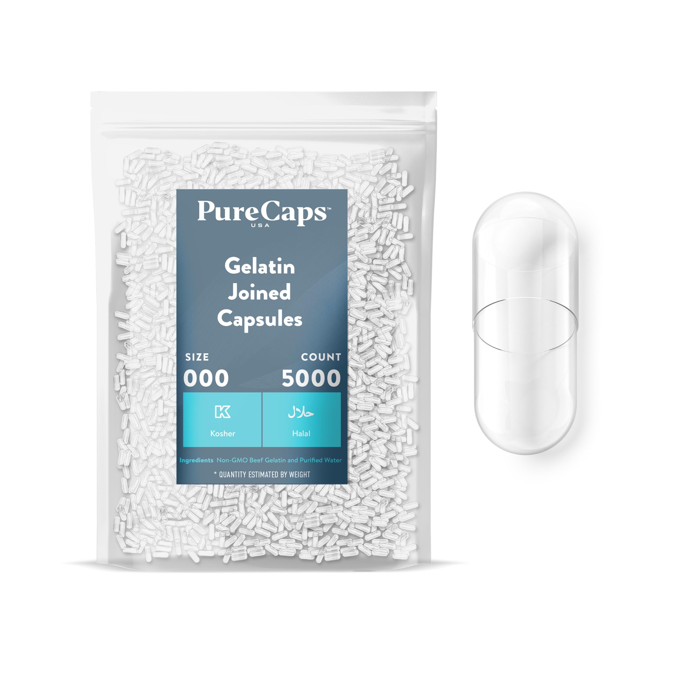 Purecaps USA - Empty Gelating Pill Capsules Size 000|5,000 Joined Capsules| Clear| Non-GMO Certified| SLS, Gluten, Preservative Free