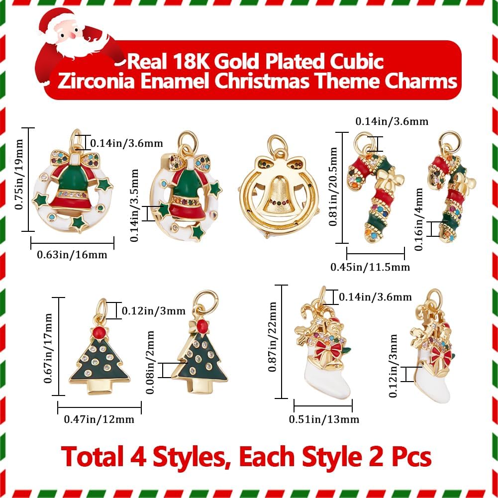 Beebeecraft 1 Box 8Pcs Christmas Ornament Charms Real 18K Gold Plated with Enamel Cubic Zirconia Tree Sock Bell Candy Cane Pendant Charms for Jewelry Making