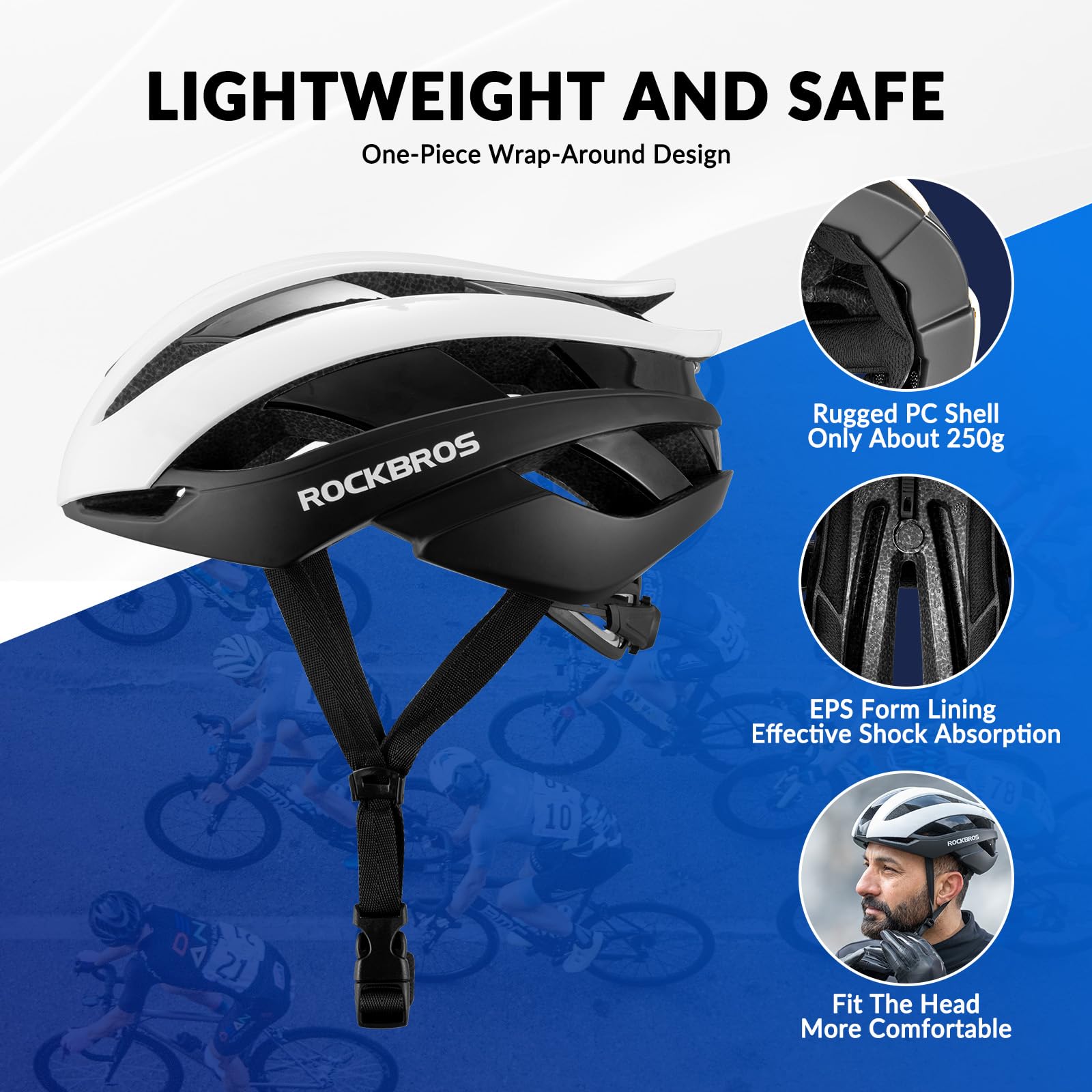ROCKBROS Casco Bici, Casco Bici da Corsa, Casco da Ciclismo per MTB Bicicletta, Casco Regolabile Leggero, Casco Bici Uomo Donna, Circonferenza 55-61 CM, 4 Colori