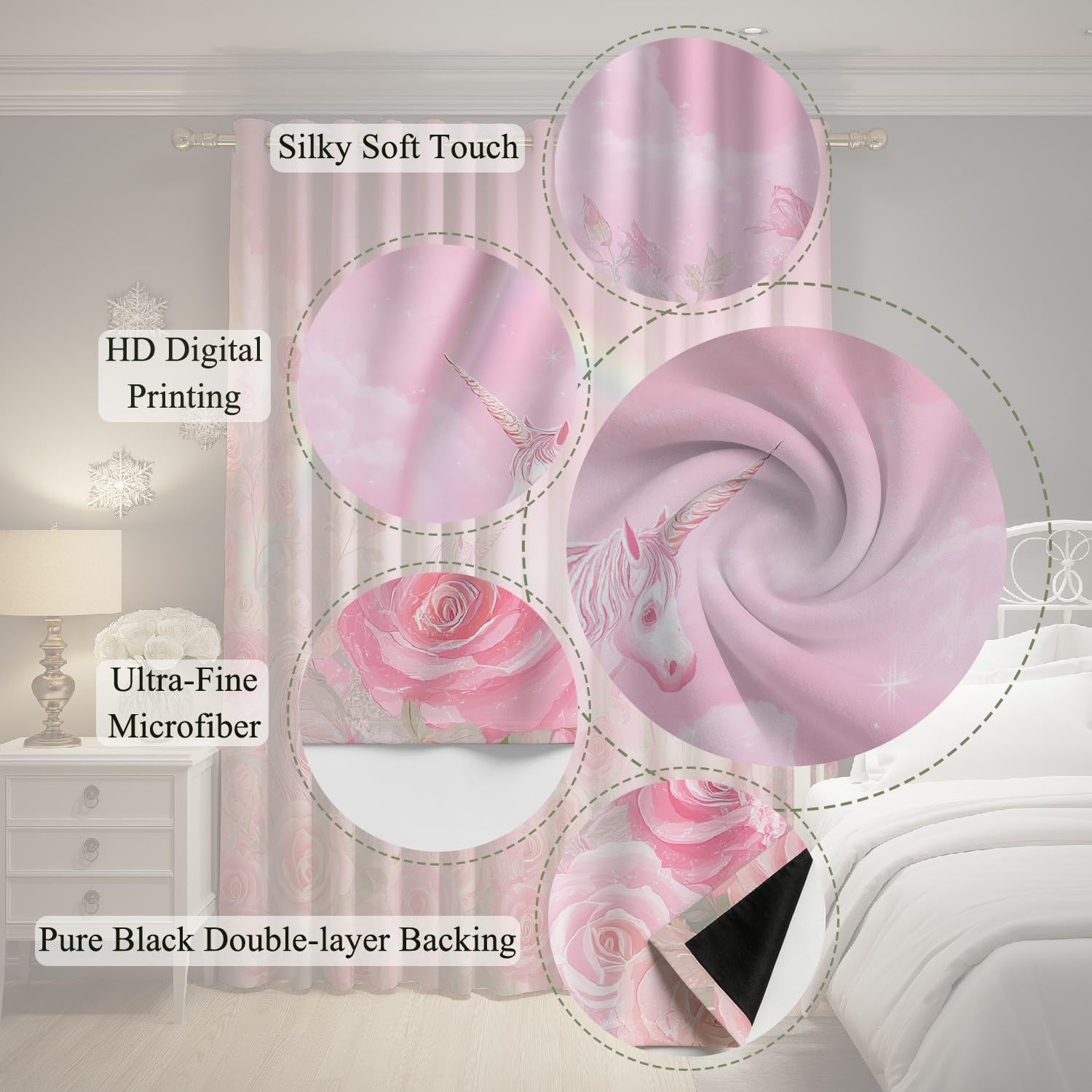 Générique Rideau Occultant Rêveur Animal Licorne - Lot de 2 Rideaux Opaque Rideaux à des Œillets Décoratifs Motif 200 x 240 CM pour la Chambre Le Salon et la Chambre d’Enfant Rose