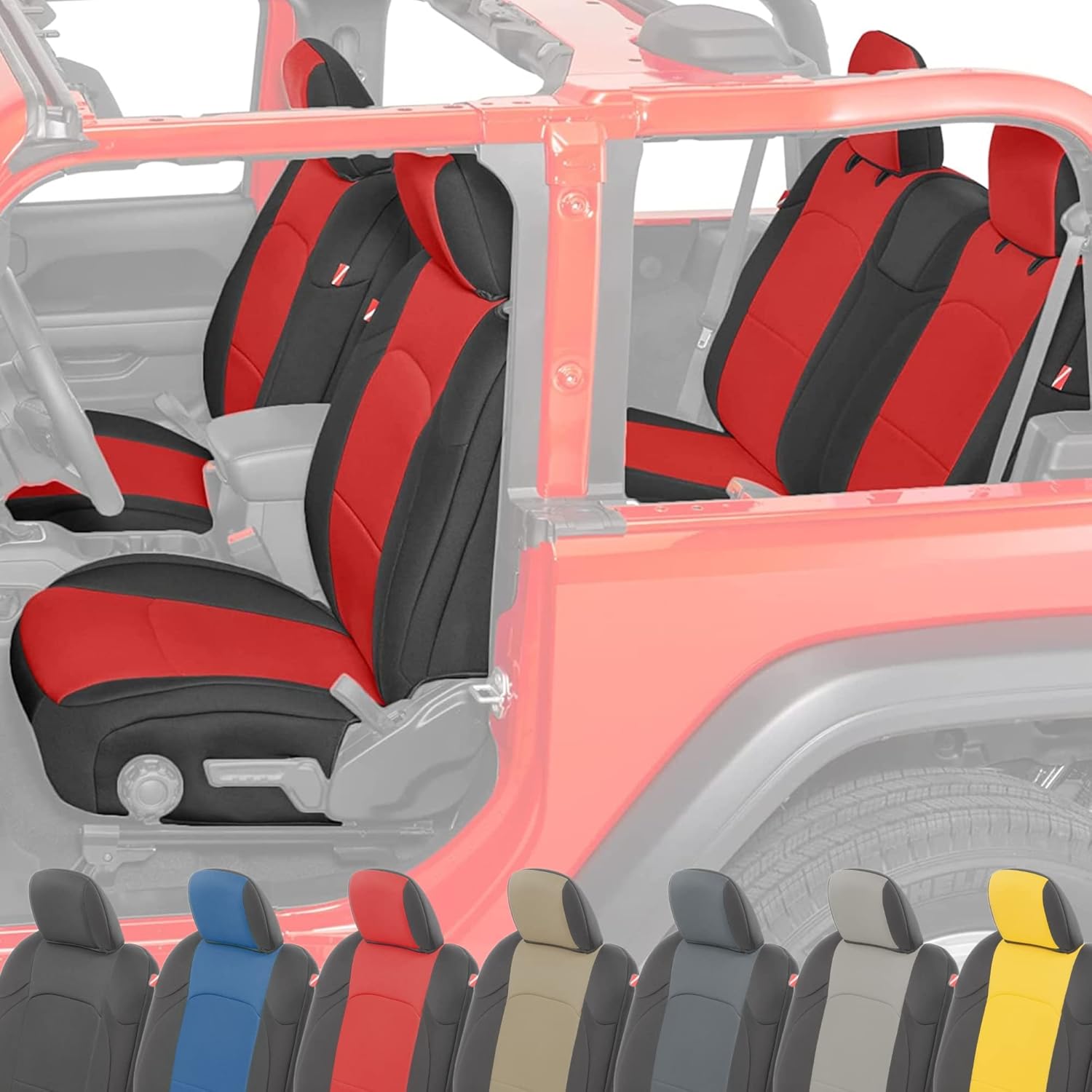 Diver Down Neoprene Seat Cover Set - Fits Jeep JL 2-Door 2018-2022 Wrangler - Front and Back Seat Set - Waterproof Custom Fit Seat Covers - Soft Padded Cushion Feel - Thermal Resistant - (Red)