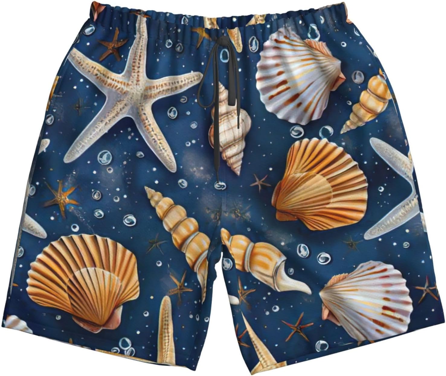 WURTON Starfish and Seashell Pattern Print Men's Swim Trunks Quick Dry Beach Shorts with Pockets Lining Swimwear