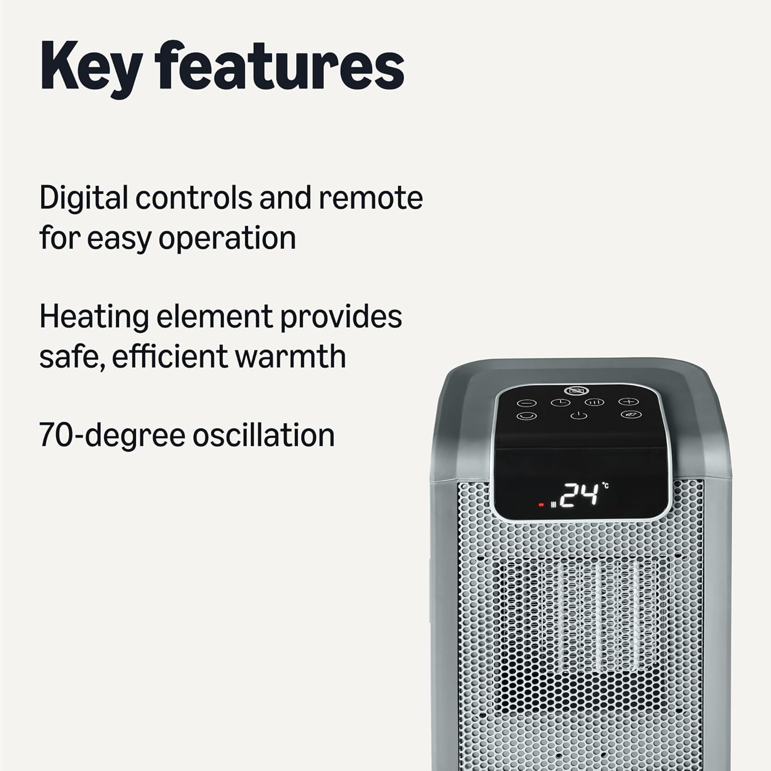 Amazon Basics Space Heater for Indoor Use with PTC Ceramic Technology, 1500W, Remote Control, 70° Oscillation, 10-inch, Grey