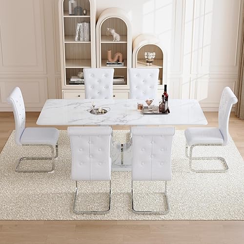 Miniatura 3 de Juego de mesa de comedor de mármol sintético para 6.71 pulgadas, juego de mesa de comedor moderno para 6 personas con mesa de vidrio y pedestal en 6