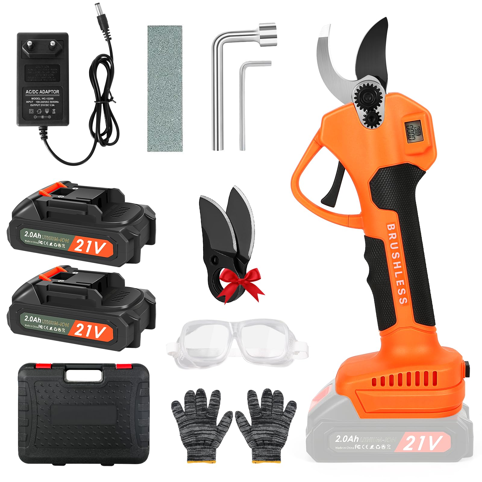 Tijeras de Podar Eléctricas, Profesional Tijeras de Podar con Motor Brushless, LCD Pantalla, 2000 mAh Bateria, SK5 Suchillas, Tijeras de Jardín Eléctricas para Jardinería, Árboles Frutales, Viñedos