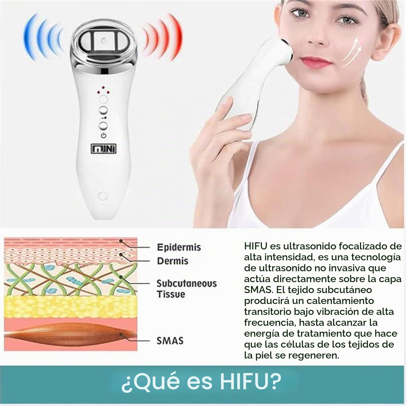 Facial Aparato Radiofrecuencia, Mini HIFU Masajeador de Radiofrecuencia de RF, Ultrasonido Enfocado de Alta Intensidad, Masajeador de Belleza por Ultrasonidos Levante Firme