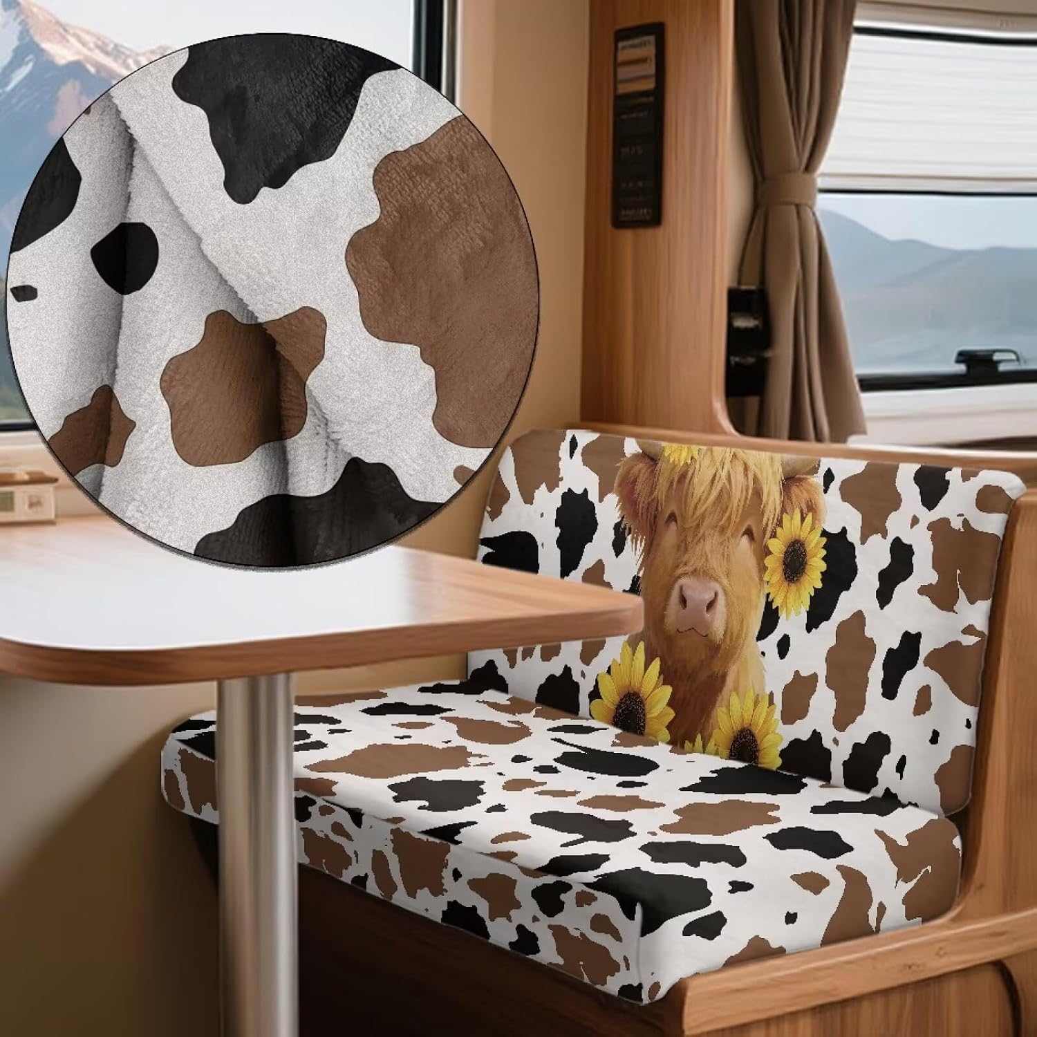 AFPANQZ Rv Dinette Seat Covers, Cow Cattle Sunflower Non-Slip Stretchable Sofa Slipcovers for Camper Rv Furniture Covers for Women Men
