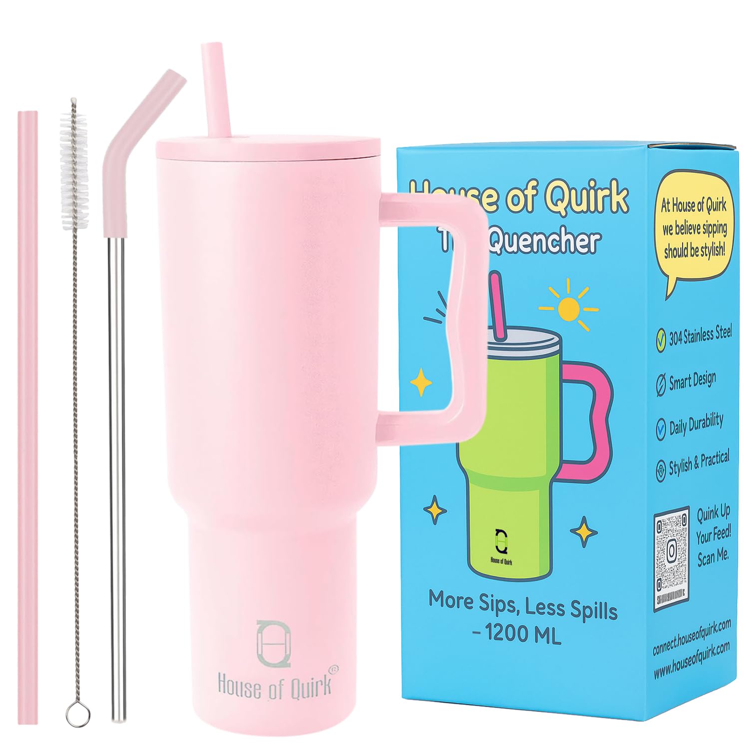 1200ML Stainless Steel Tumbler with Handle & Lid, 2 Straws – Large Travel Mug Water Cup for Gym, Office & Outdoor Use (Misty Rose)