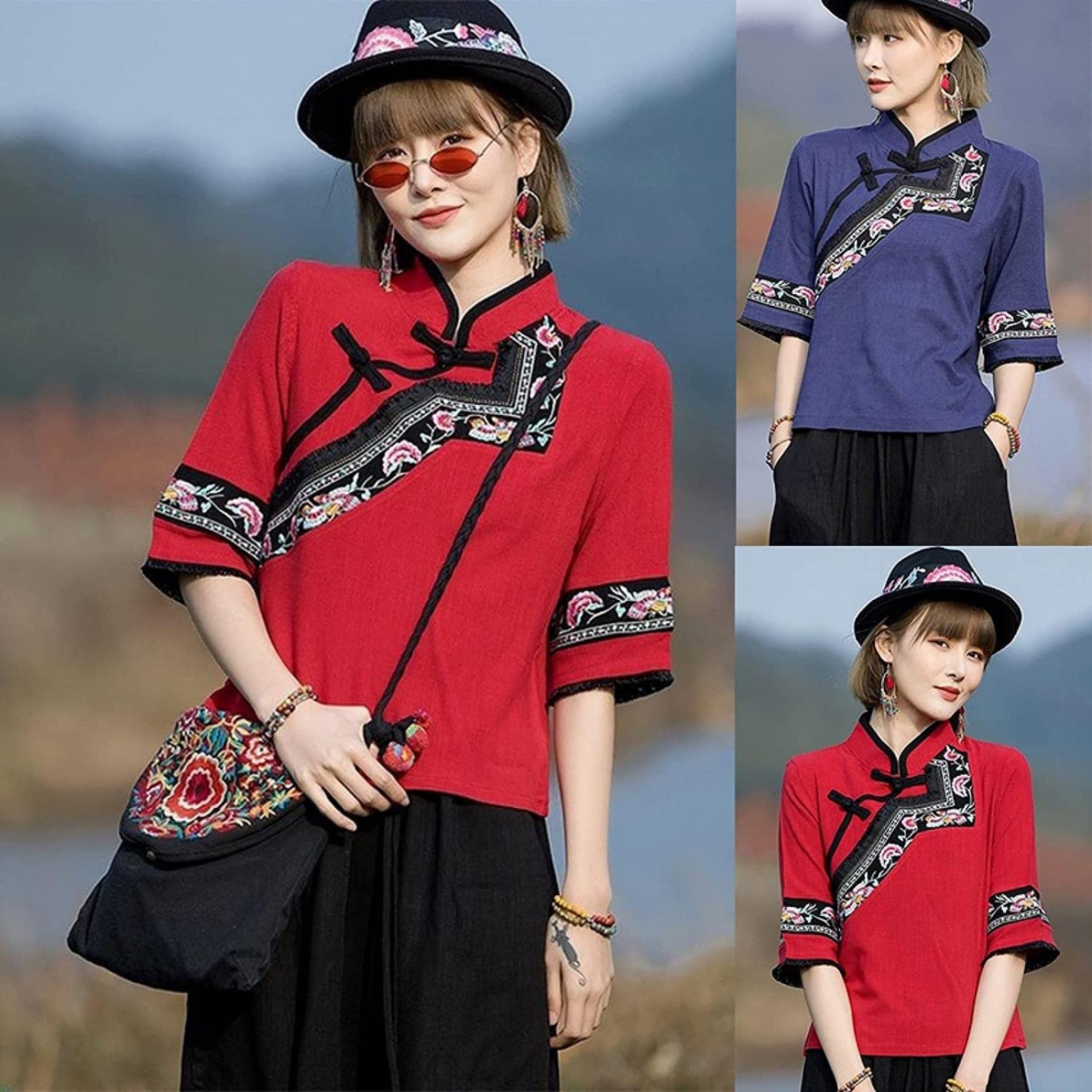 Abbigliamento in Stile Cinese Donna Etnico Cotone Lino Top Estate Manica Corta Camicetta Donna Hanfu (XL, Rosso) (Rosso L)