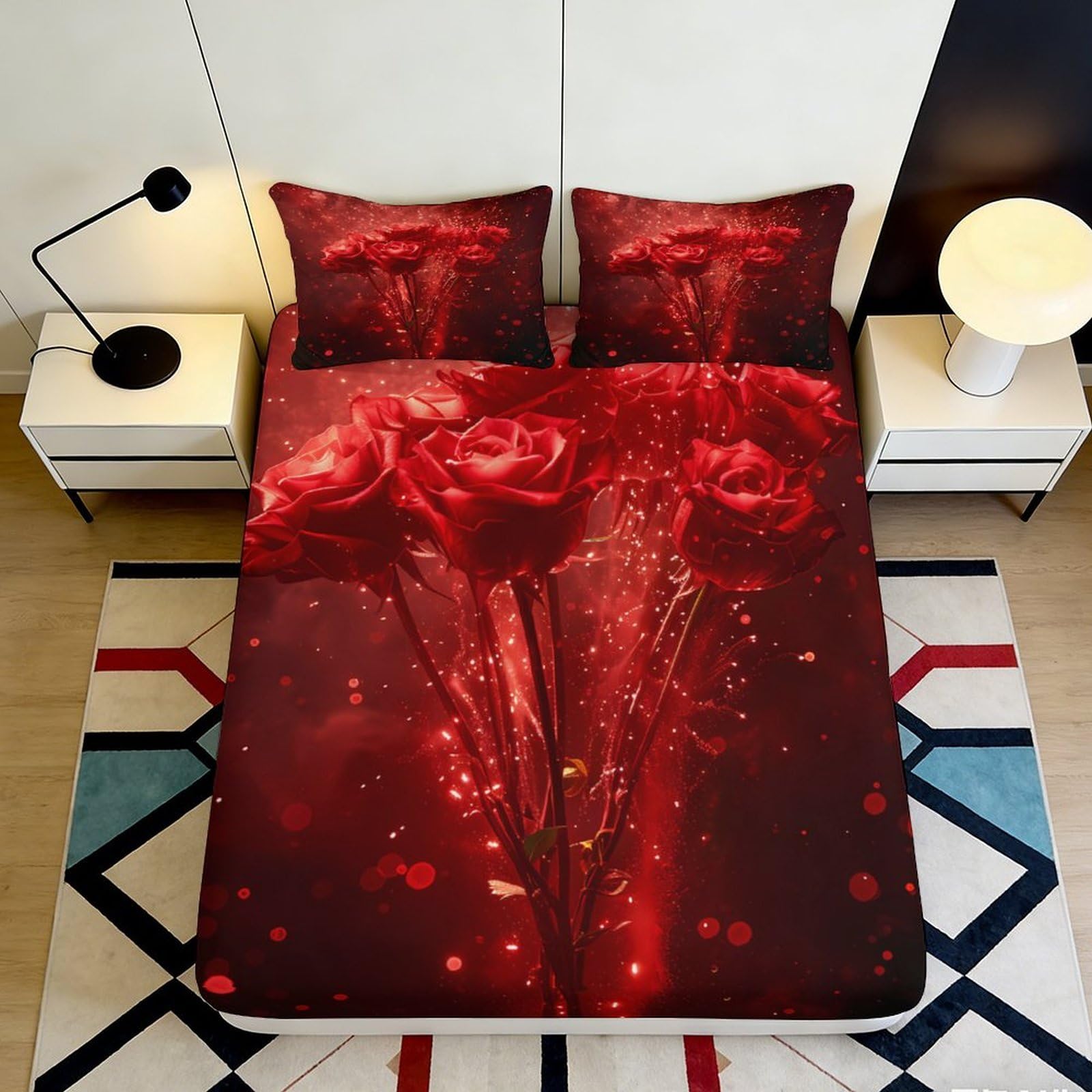 3D Printed Red Rose Fitted Sheet Microfiber Floral Bed Cover for Bedroom Guest Room Dustproof Washable Decor 90x200x25cm