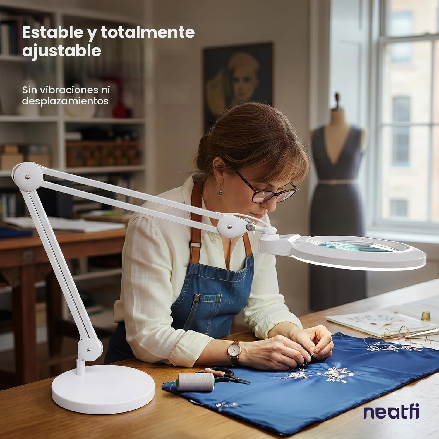 Neatfi XL Lámpara Lupa LED Bifocal – Lente Acrílica de 18 cm, Aumento 2,25X y 6X, 1.600 Lúmenes Regulables | Brazo Ajustable | Ideal para Manualidades y Lectura (Blanco, con Base)