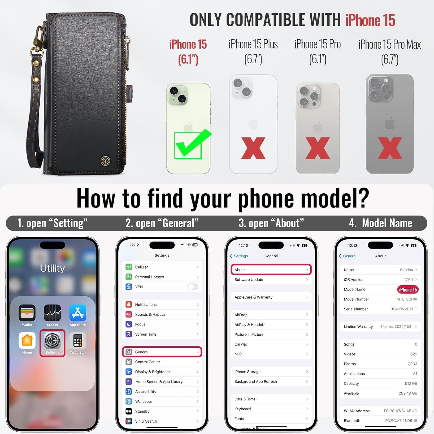 Defencase Compatible with iPhone 15 Case Wallet with RFID Blocking Card Holder for Women and Men, Fashion PU Leather Magnetic Snap Flip Zipper Strap Wallet Phone Case Fit for iPhone 15 6.1", Black