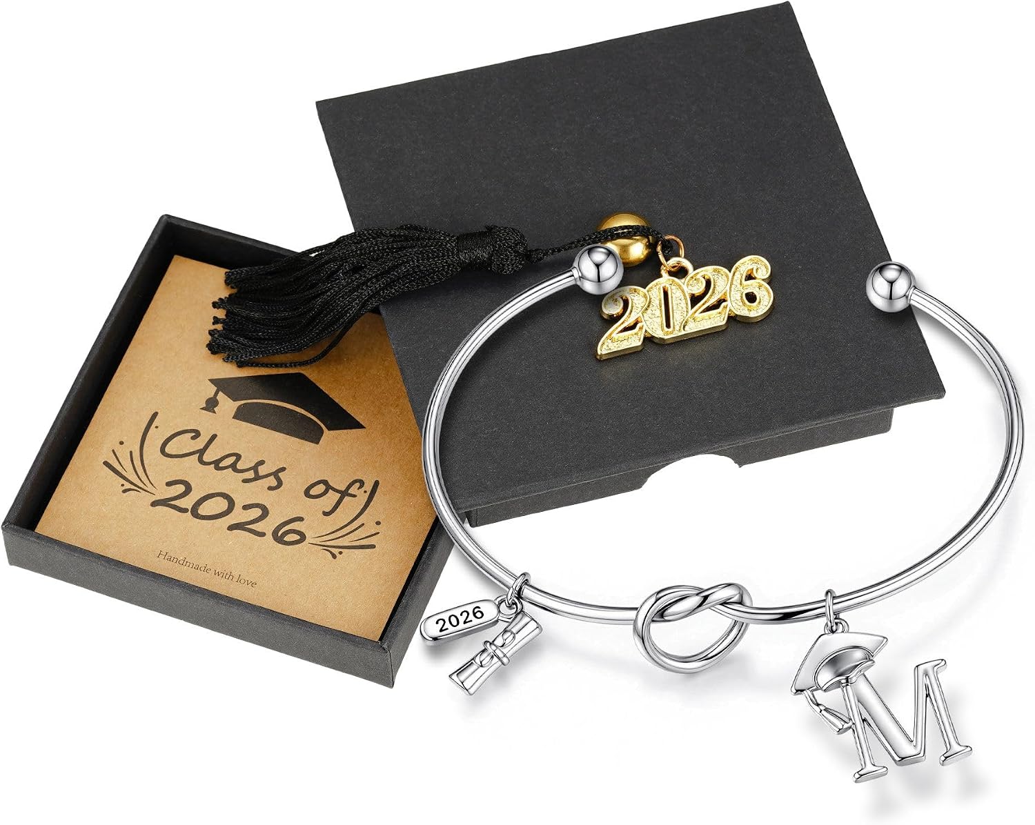Turandoss Graduation Gifts for Women 2026 - 14K White Gold Plated Initial Knot Cuff Bangle, Dainty Grad Cap Diploma Bracelet, Class of 2026 Graduation Jewelry Gift for Her College High School Graduate