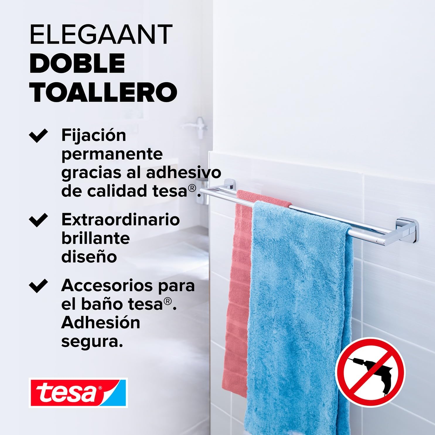 tesa Barra doble Elegaant, autoadhesiva, metal cromado, elegante diseño