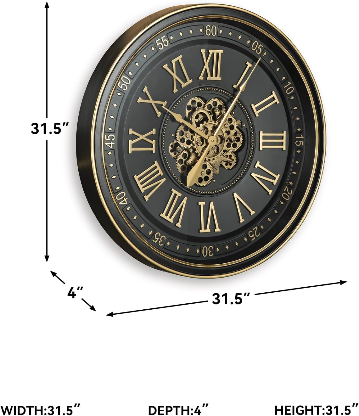 Signature Design by Ashley 31.5 Inch Large Wall Clock with Moving Gears | Oversized 31.5-inch metal frame with clear glass face, Battery powered kinetic movement, 19 lbs weight, Dairton Series