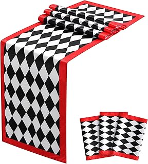 Oudain 3 Pcs 72 x 13 Inches Black White Diamond Satin Table Runner Tea Themed Tablecloth Picnic Holiday Checkered Table Decor for Baby Shower Birthday Casino Party Supplies
