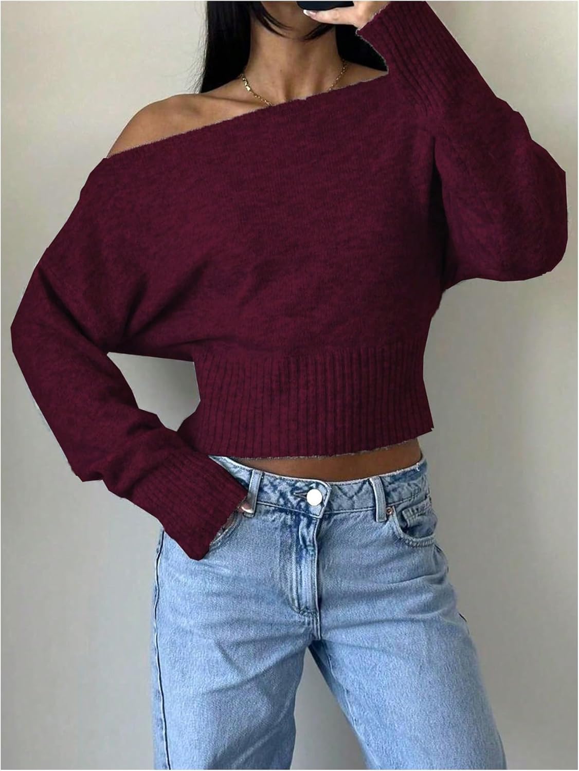MakeMeChic Women's Cropped Sweaters Long Sleeve Off The Shoulder Sweater Y2k Going Out Tops - Image 2