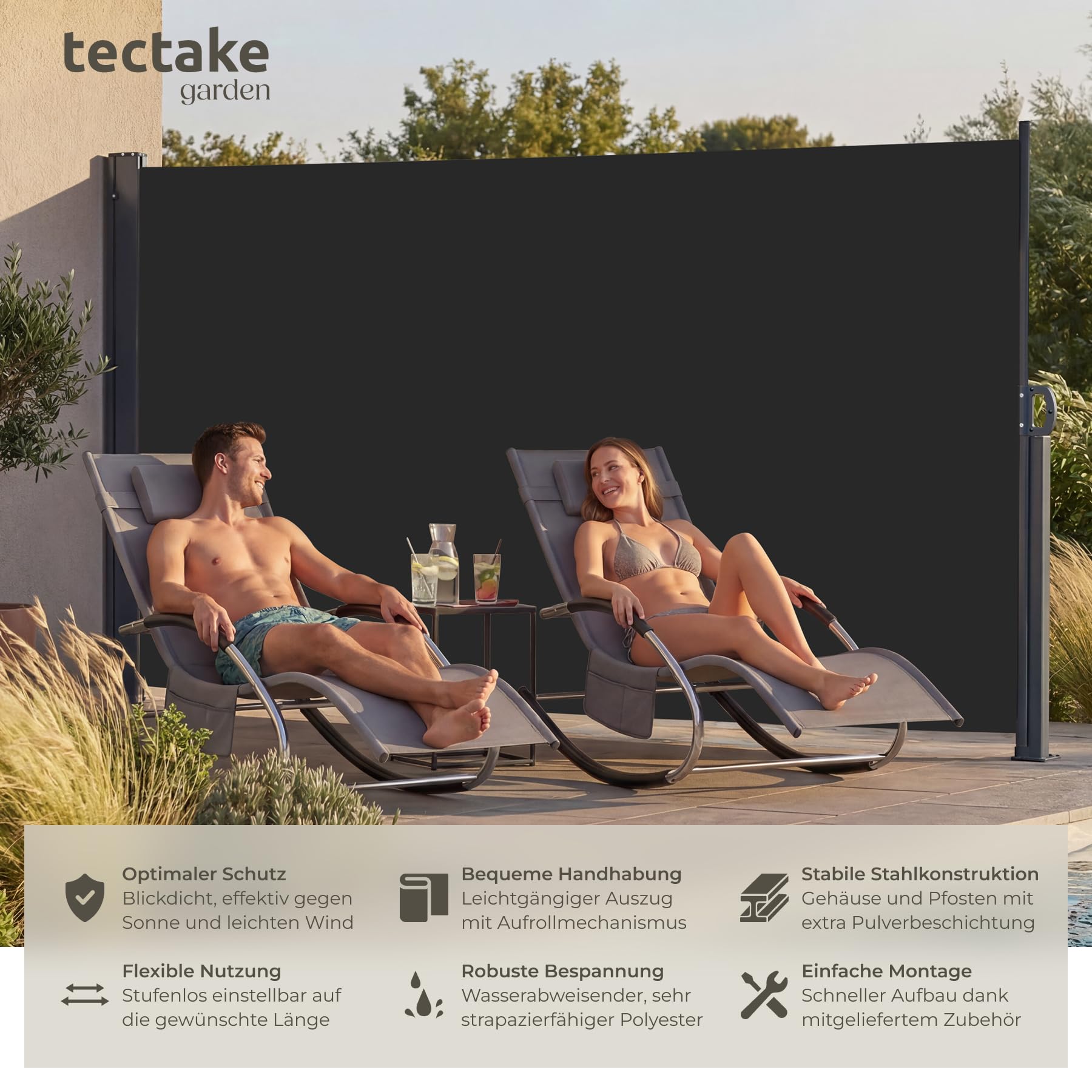 tectake® ausziehbare Seitenmarkise, 180 x 300 cm, wetterfest, Blickdicht, mit Aufrollmechanismus, Schutz vor Sonne und Wind, Seitenbeschattung, Seitensonnenschutz, Seitensichtschutz - schwarz