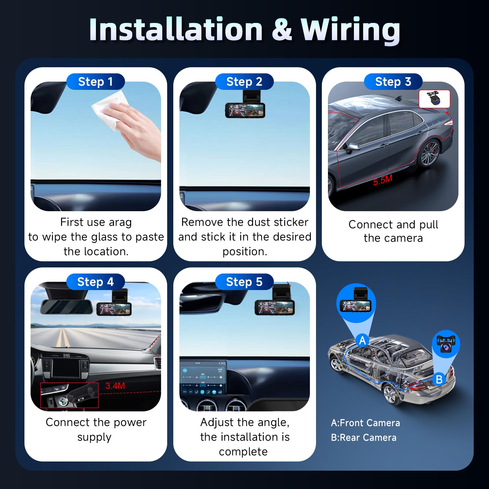 Hodozzy Dashcam Cámara Frontal 4K y Cámara Trasera 2K, Pantalla 3,16 Pulgadas, Cámara para Salpicadero de Coche, WiFi y App, ADAS BSD y LCA, Sensor G, Grabación en Bucle, Monitor en Modo Aparcamiento