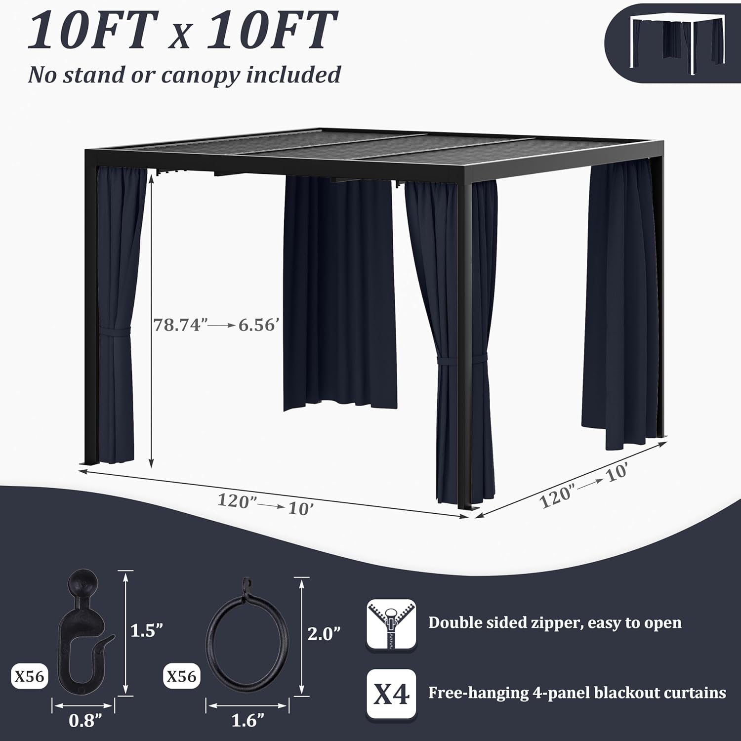 Gazebo Universal Replacement Privacy Curtain,10'×10' Gazebo Outdoor Waterproof Curtains, 4-Panels Sidewall Curtains with Double Zipper for Patio Canopy, Garden and Backyard (Curtain Only)