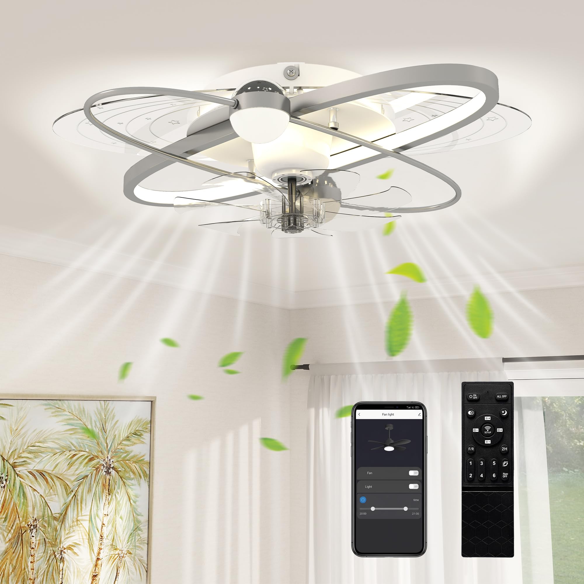 Homcom Silver Ceiling Fans With Lights And Remote & App Control, 62 Cm Modern Led Ceiling Fan Light With 3 Colour Temperatures, 6 Speed, Timer, Dimmable, Quiet Reversible Dc Motor, For Bedroom, Tone