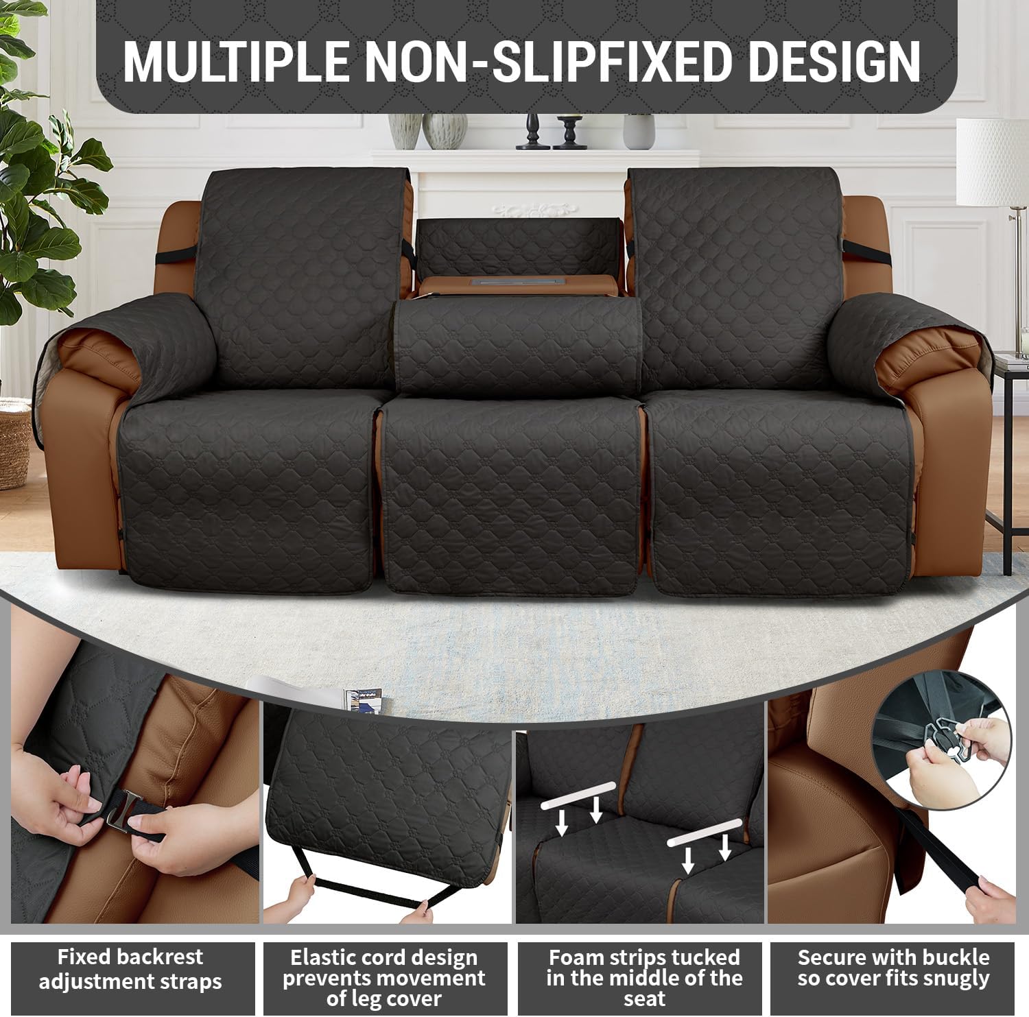 Waterproof Recliner Sofa Covers with Flipped Middle Backrest Washable Recliner Couch Covers Non-Slip with Elastic Straps Furniture Protector for Kid Dogs Pets (Dark Grey)