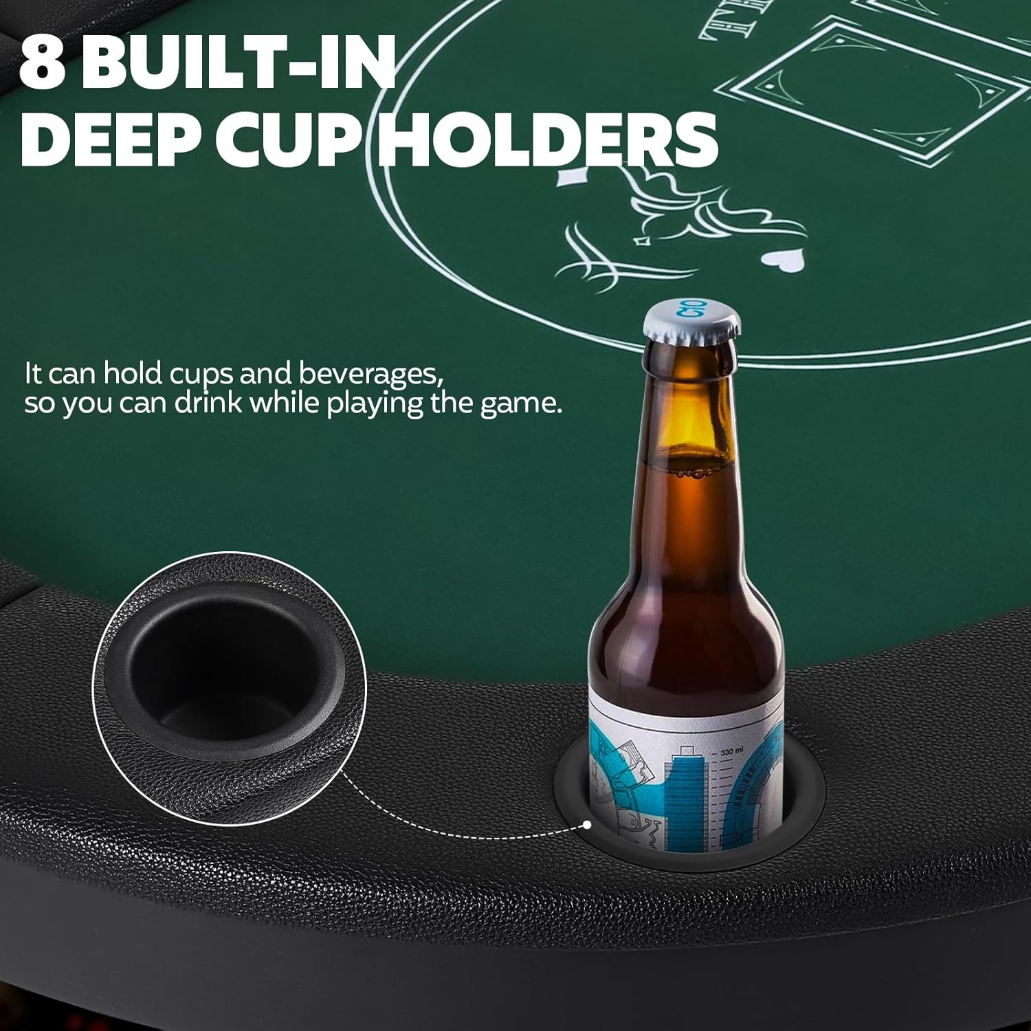 Poker Table Foldable, 72 Inch 8 Player Folding Poker Table, Portable Game Table with Cup Holders, Texas Holdem Poker Tables, Green