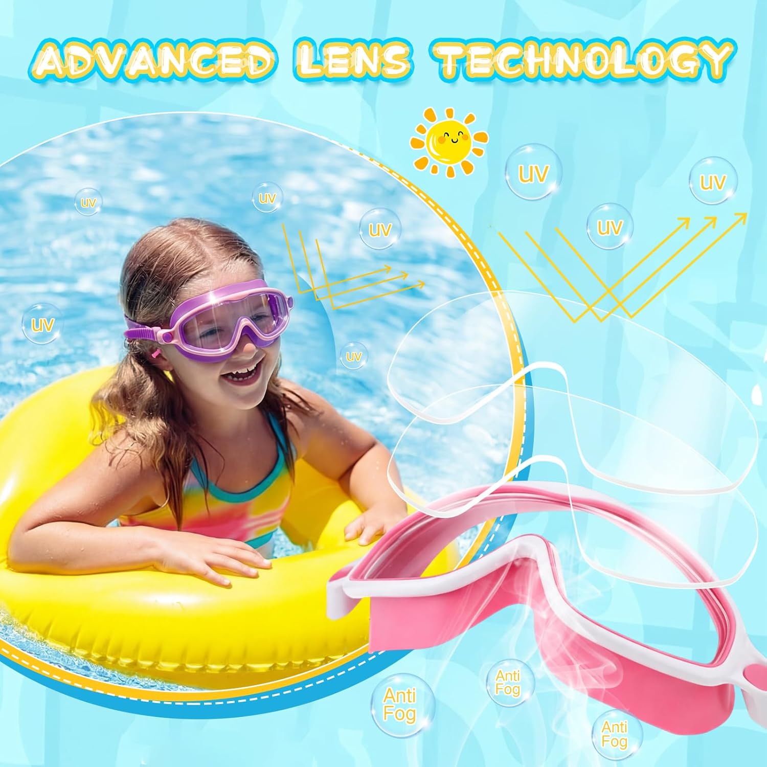 Kingdder 6 Pack Kids Swim Goggles with Nose Clip Wide View No Leaking Anti Fog Swimming Pool Mask Ear Plugs for Girl Boy
