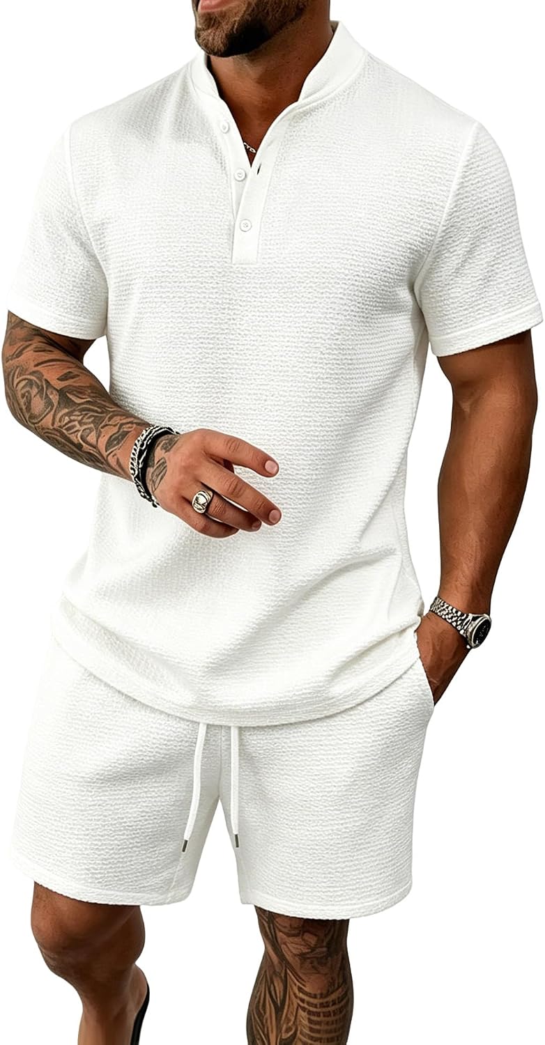 Men's Short Sets 2 Piece Summer Beach Outfits Short Sleeve Henley Shirts and Shorts Vacation Texture Set