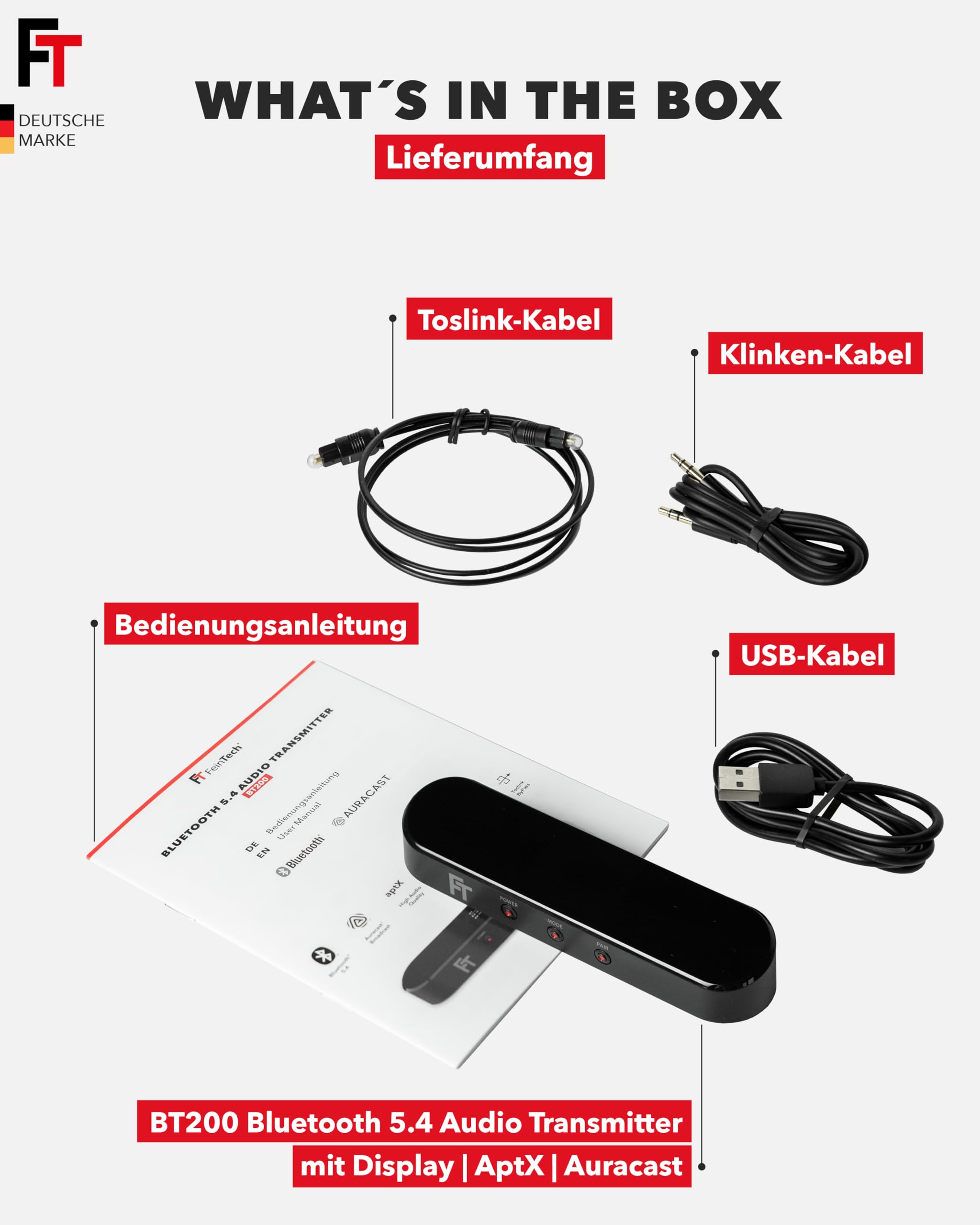 FeinTech BT200 Bluetooth 5.4 Audio Transmitter mit Auracast, aptX, aptX Adaptive, OLED Display, Toslink Passthrough, USB | Unterstützt aptX adaptive, OLED Display, Toslink Passthrough, USB-betrieben, kann mit 2 Kopfhörern gekoppelt werden