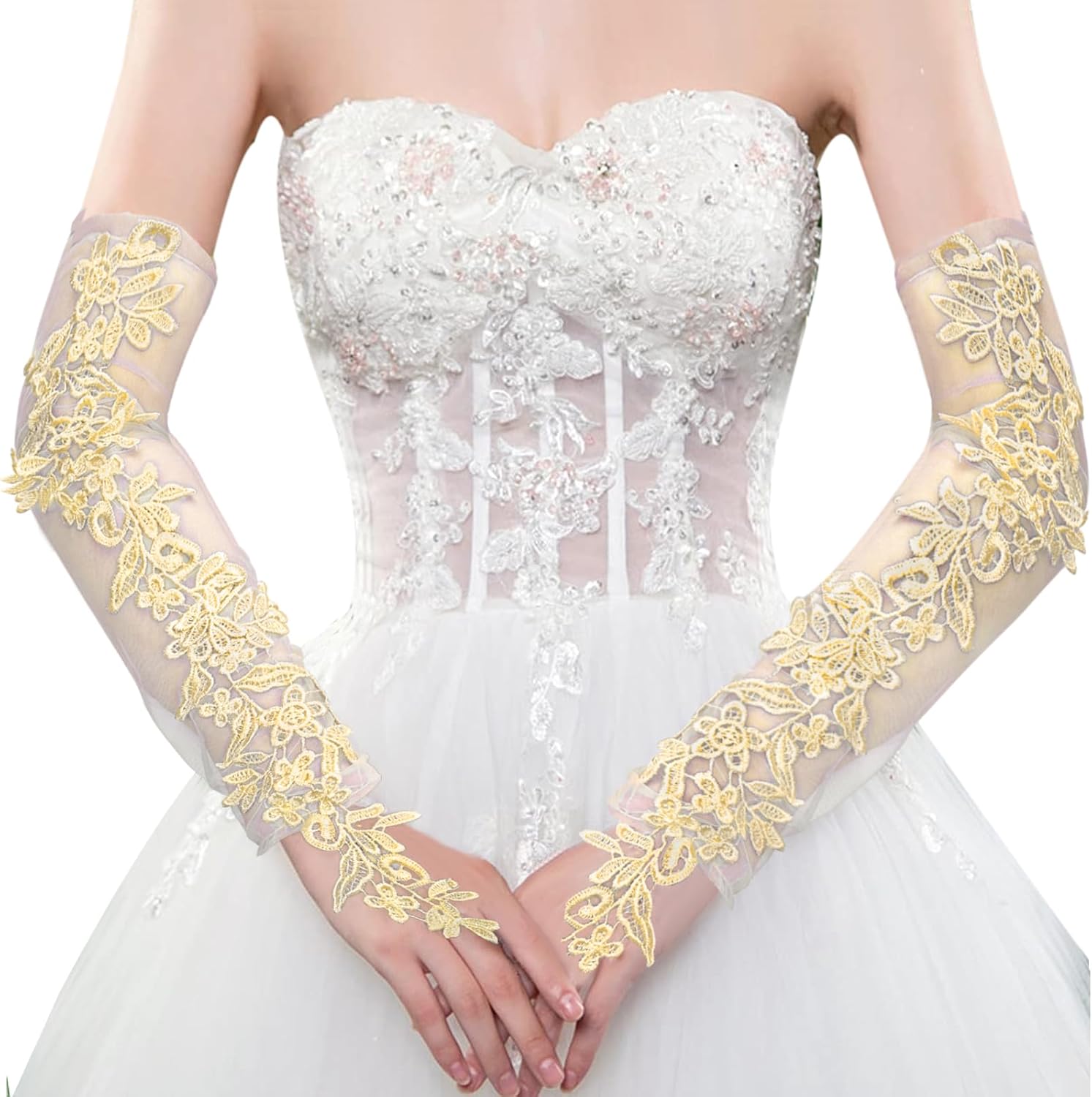 Specell Lace Fingerless Gloves, Long Women Fingerless Lace Gloves, For Bridal Party Prom Wedding Costumes Etc Accessories, 1920s Glove, Elbow Length 19.68 Inches - Champagne