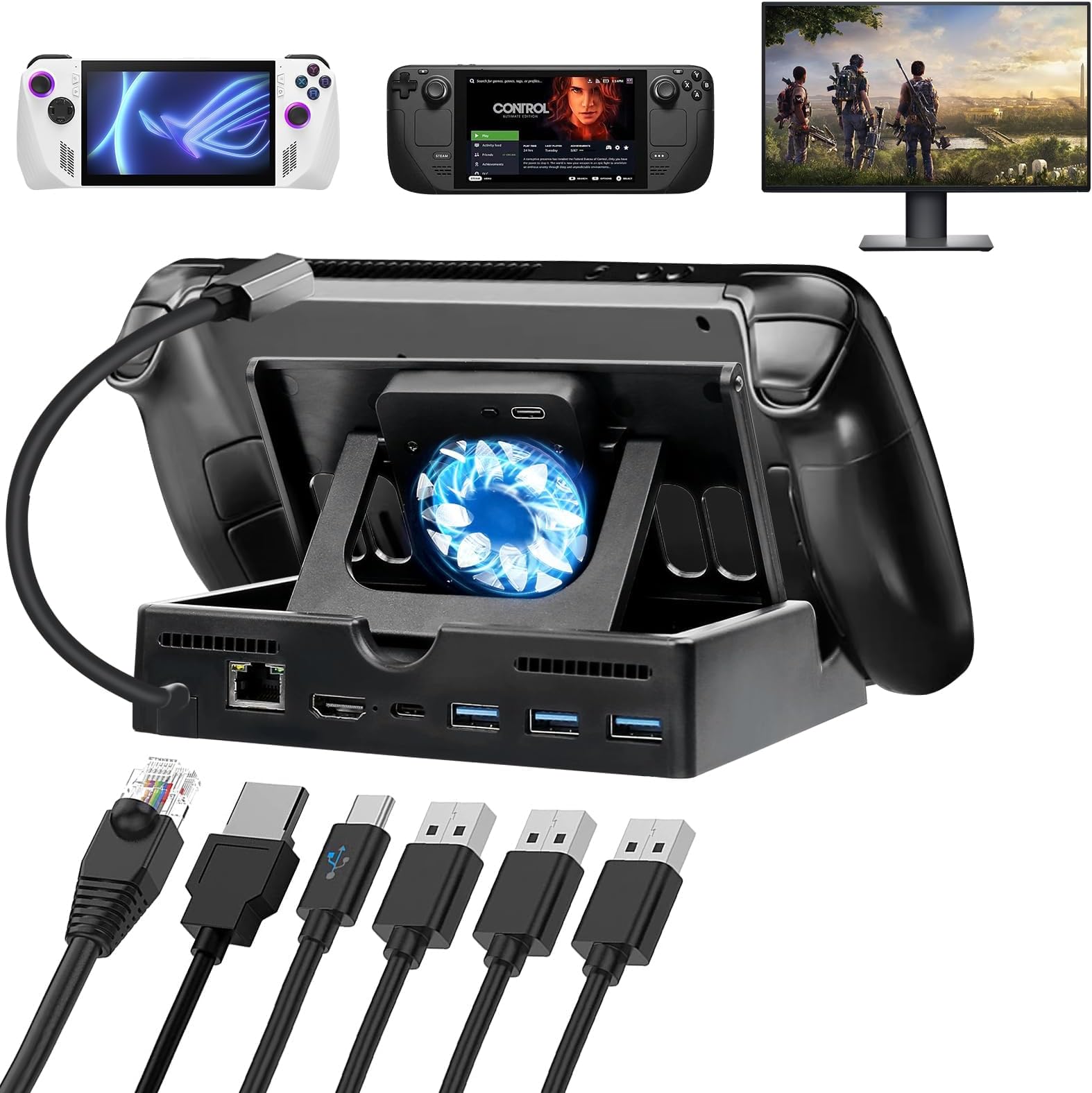 KASTWAVESteam Deck Dock, 6-in-1 USB C Docking Station for Steam Deck with HDMI 2.0 4K@60Hz, 60W PD Port, 3*USB 3.0, with Silent Cooling Fan, for Steam Deck and ROG Alloy Dock