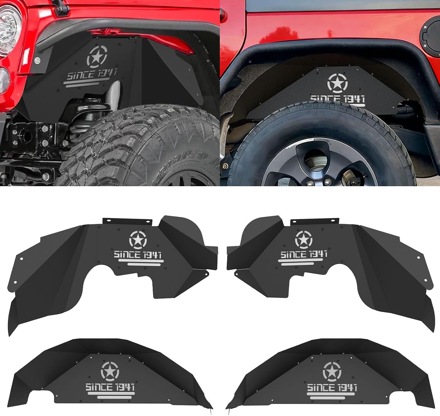 4Pcs Front & Rear Inner Fender Liners for 2007-2018 Jeep Wrangler JK/JKU 2/4 Doors, Heavy Duty Steel Wheel Well Mud Splash Guards