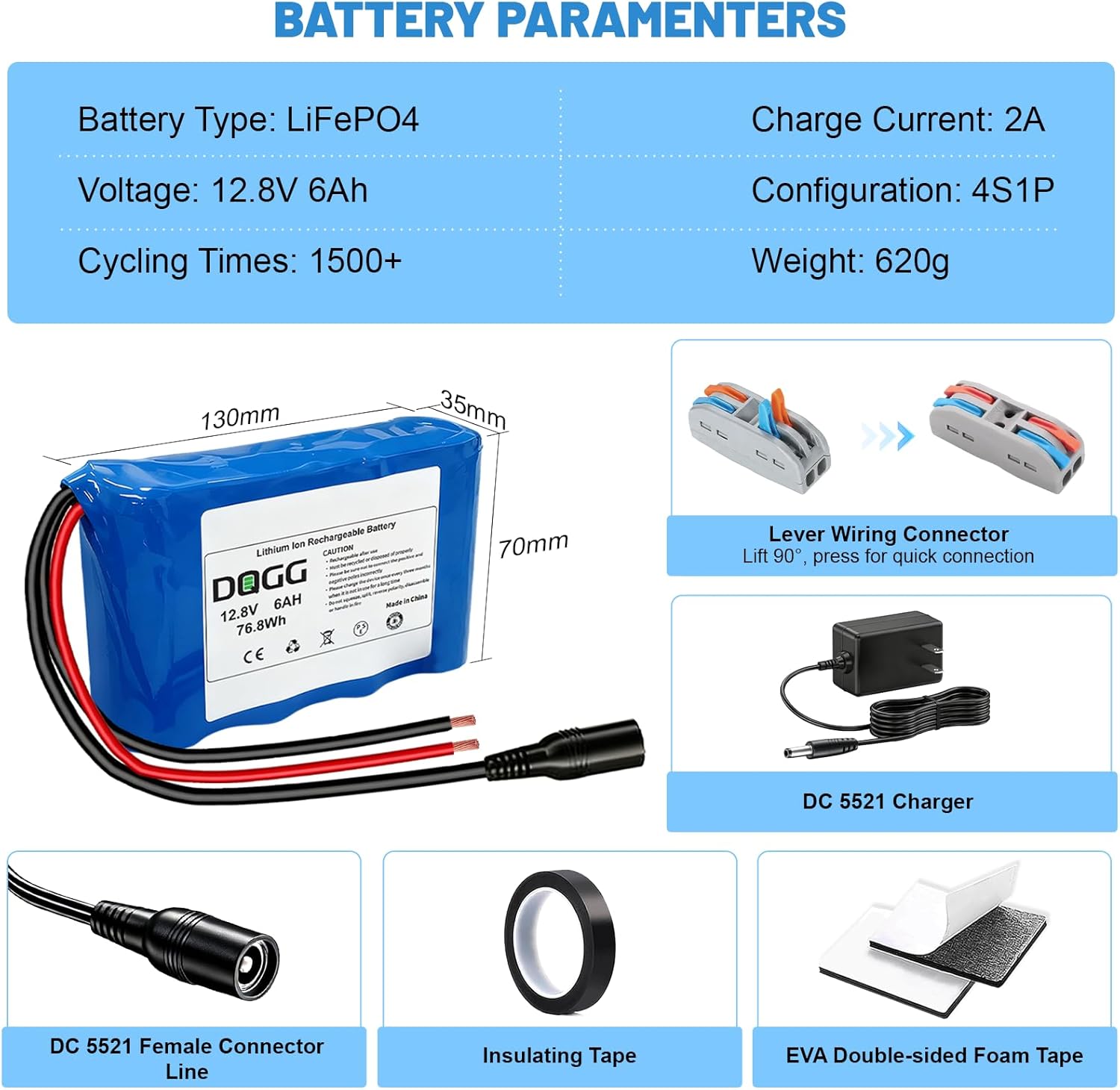 12V 6Ah Lithium Battery, 12 Volt Rechargeable Bare Leads Wire Battery with Charger, Cable Connector for DIY Projects, Kids Ride on Cars, RC Car, Robot, Solar Panels, LED, etc