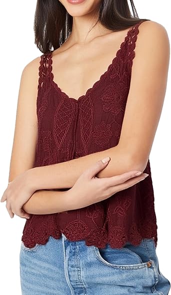 Womens Bohemian Lace Embroidered Camisole, Sleeveless Tank Top with Scalloped Hem, Vintage Boho Spaghetti Strap Blouse