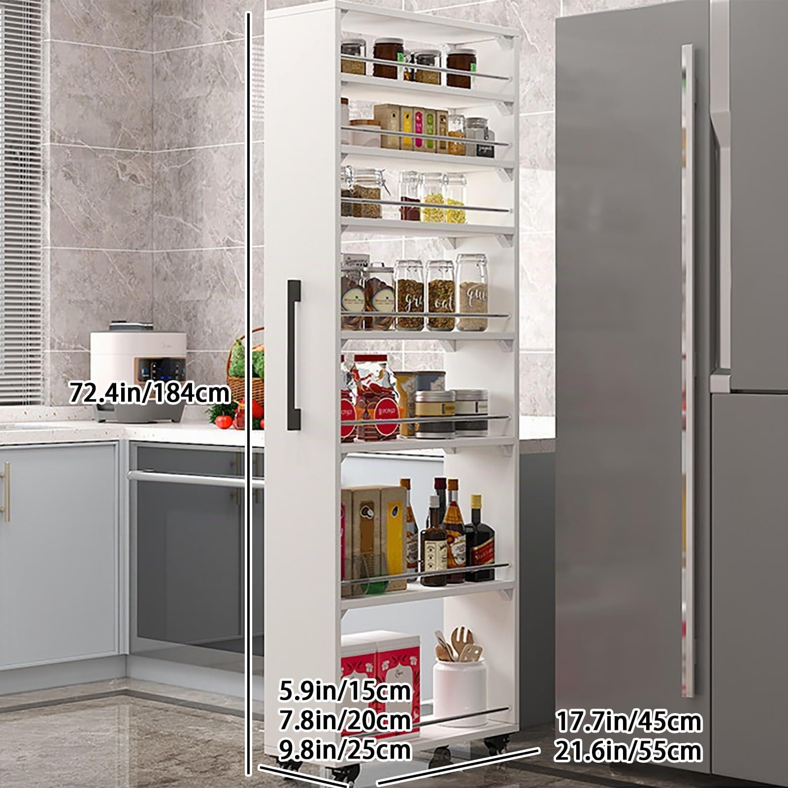 Carrito de almacenamiento rodante con asa y ruedas, organizador delgado de 7 niveles para espacios estrechos, ahorra espacio junto al refrigerador