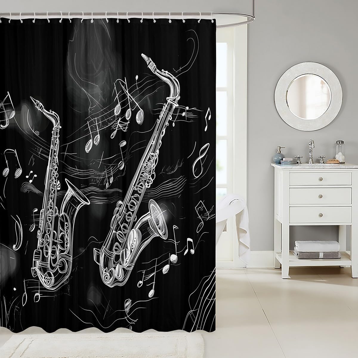 Vintage Saxophone 72" W X 78" L Fabric Shower Curtain Minimalist Music Notes Shower Curtain For Kids Boys Girls Black Musical Instrument Bathroom Shower Curtain Sets Jazz Music Bathroom Accessories