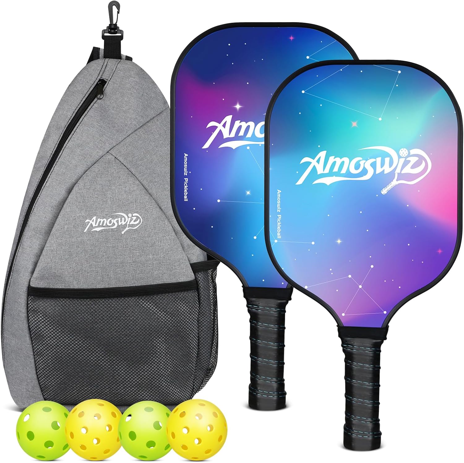 Pickleball Paddles Set of 2, Premium Fiberglass Star Sky Pickleball Paddles for Beginers, Pickleball Set with 4 Pickle Balls, Gift for Adult & Kids