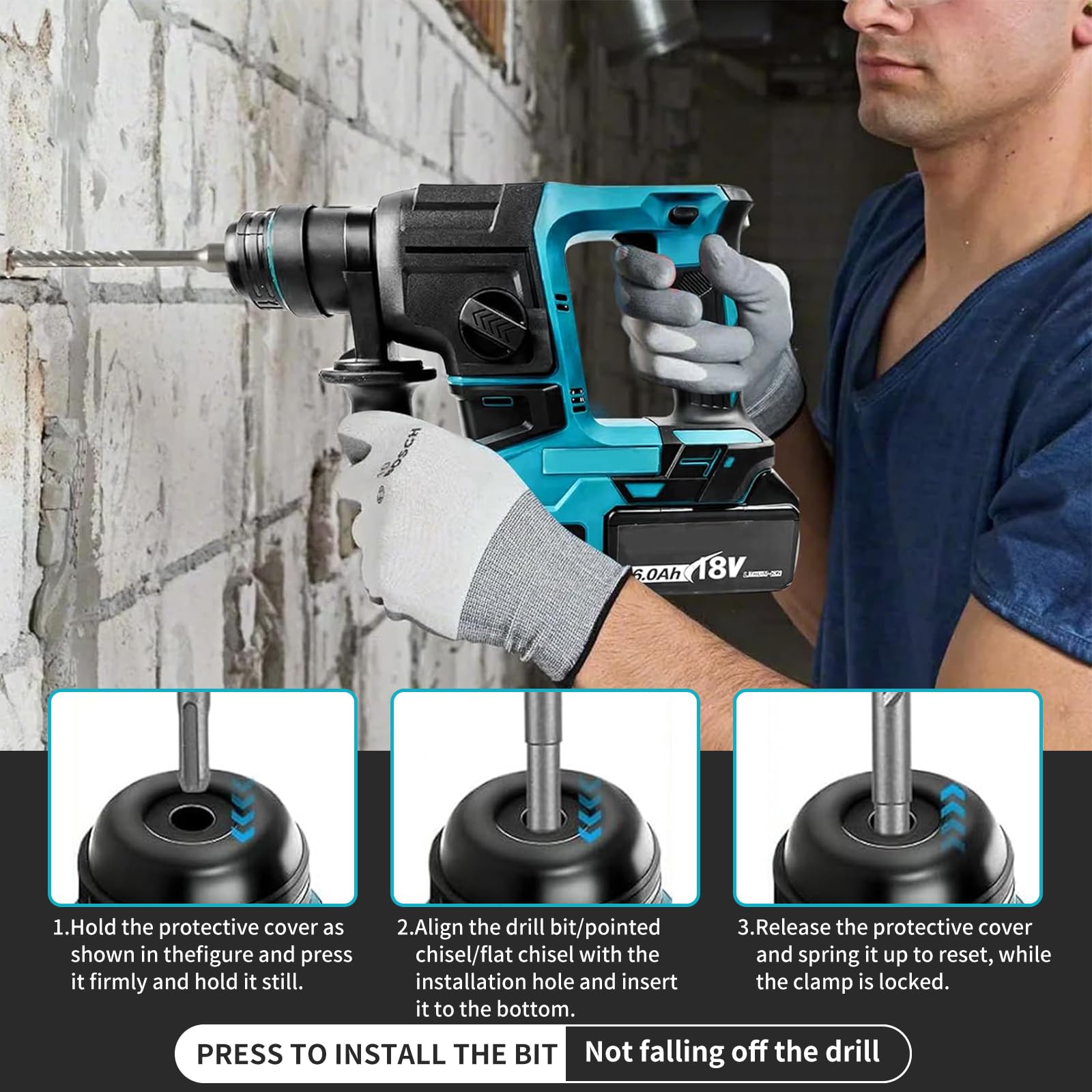 Taladro de percusión compatible con Makita 18 V | Taladro de impacto sin escobillas, 2,2 J, 1400 rpm, 8 guantes, cinceles de perforación de martillo (sin batería)